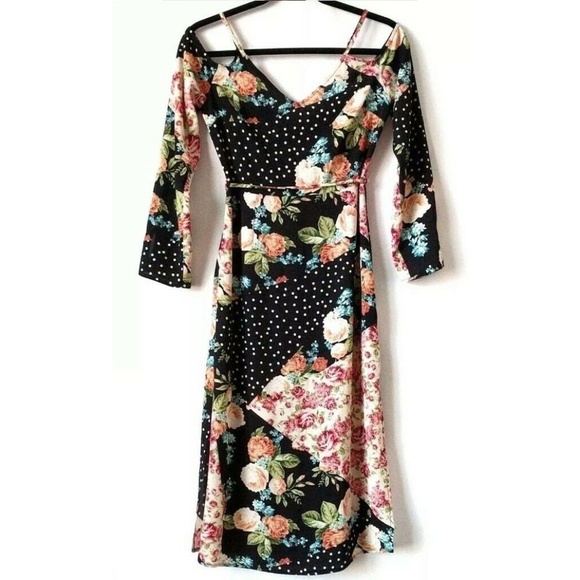 Topshop Patchwork Cold Shoulder Floral Dress Sz 4 - Picture 2 of 8